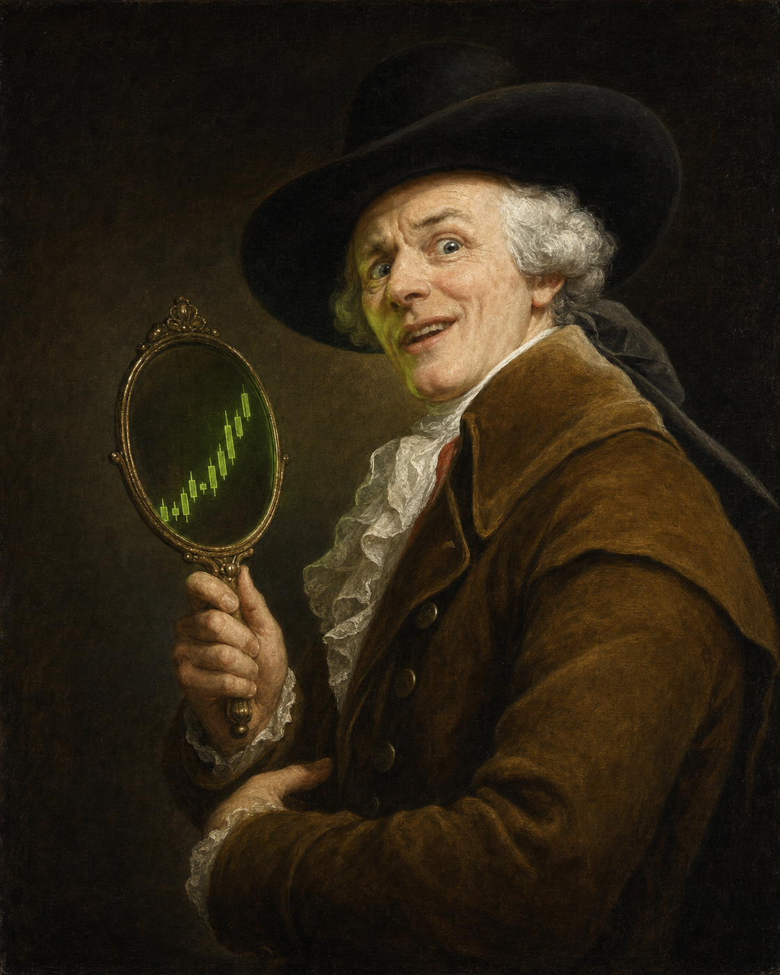 A painted Joseph Ducreux reacting to a glowing green candlestick chart in an antique mirror