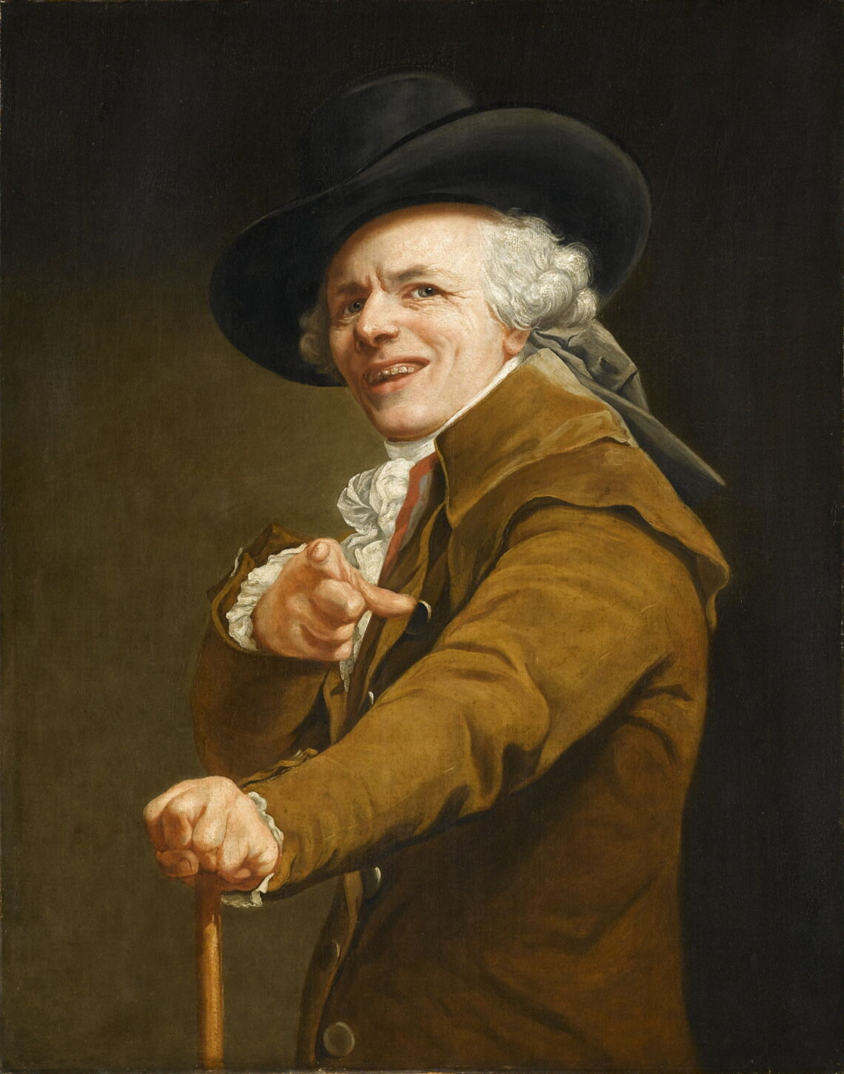 Joseph Ducreux pointing toward the viewer in Self-Portrait as a Mocker