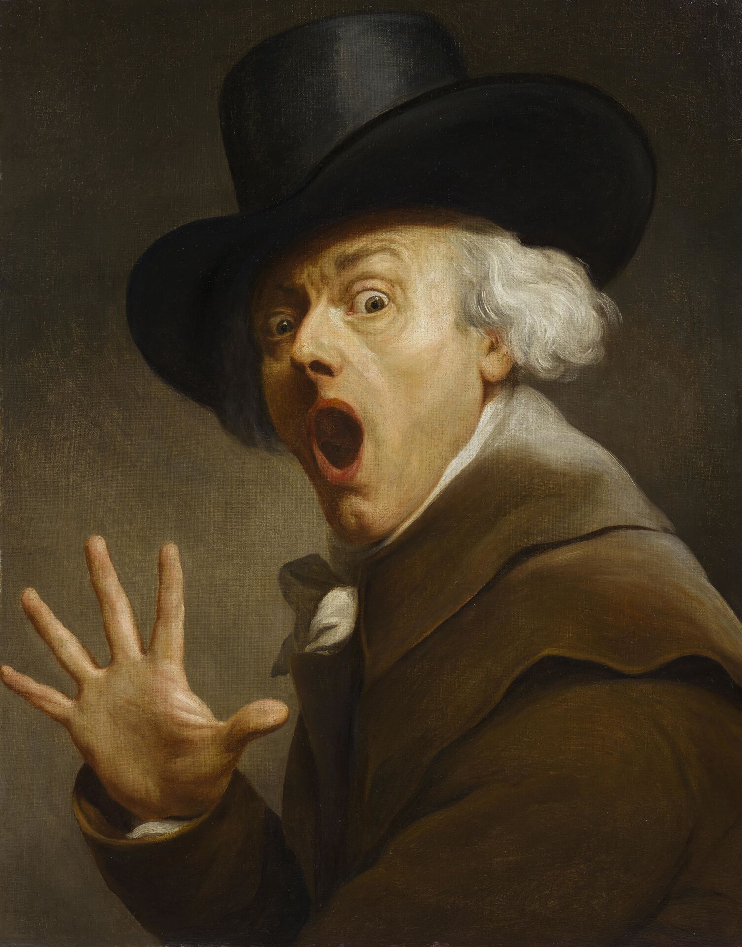 Joseph Ducreux looking surprised with one hand raised